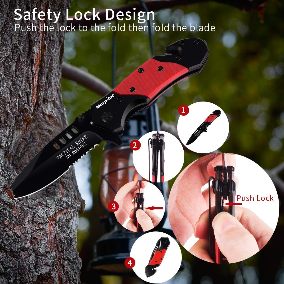 Morpilot Tactical Knife & Emergency Fire starter, 5 in 1 Pocket Knife, Folding Knife, Emergency Fire Starter with Magnetic Compass & Emergency Whistle for Camping, Outdoor Survival, Hiking, Hunting