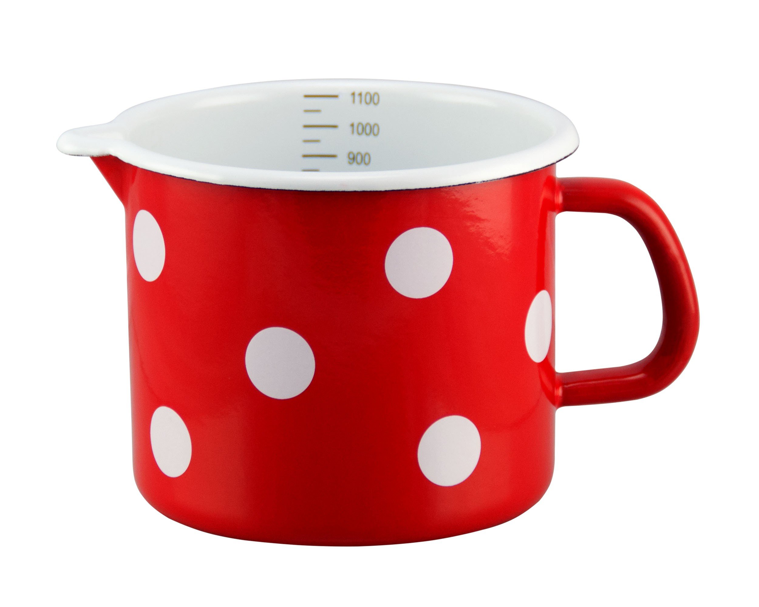 Small Enamel – Enamel Milk Pan, Weaning Pot – 1.1 Litre – Colour: Red With White Dots – for all types of hobs
