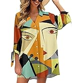 Zhangruoheng Oil Painting Printed Dress Cover Up Women's Summer Oversize Button Down 3/4 Sleeve Beach Shirt Dress