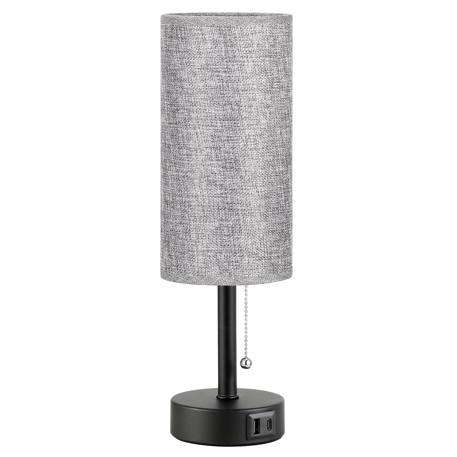 Grey Bedside Lamp for Bedroom Nightstand - Small Table Lamp with USB A + C Charging Port, 3 Color Temperatures Pull Chain Night Stand Light with Bulb, Side Table Desk Reading Lamp for Living Room/Dorm
