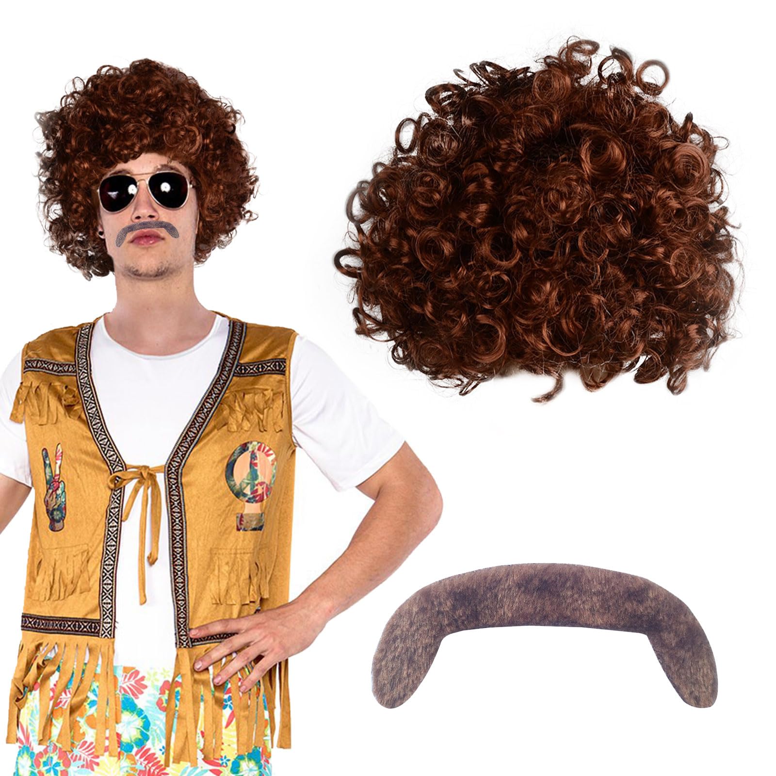 SKHAOVS Brown Perm Tash Fancy Dress Wig - 70s 80s Heavy Metal Disco & Hippie Cosplay Punk Rocker Character Costume Set with Fake Mustache