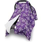Baby Car Seat Cover for Boys Girls, Winter Infant Carseat Cover for Babies, Peekaboo Opening Nursing Cover Carseat Canopy, Warm Carrier Cover for Newborn, Purple Butterfly