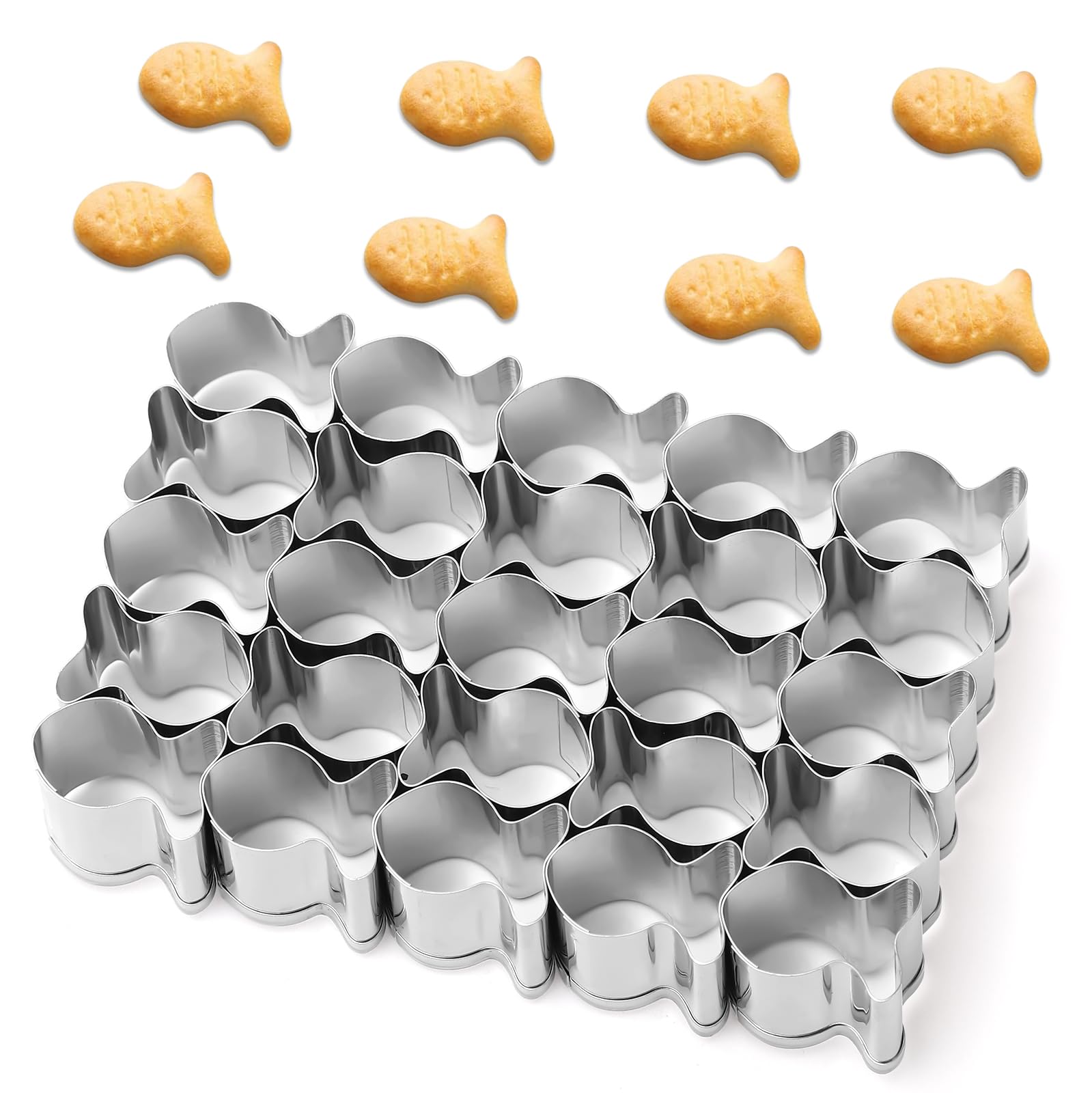 Gold Fish Cracker Cutter, 25 Cavity Fish Cookie Cutter Stainless Steel Mini Fish Shaped Molds for Non-Stick Dough Biscuit Baking Tool