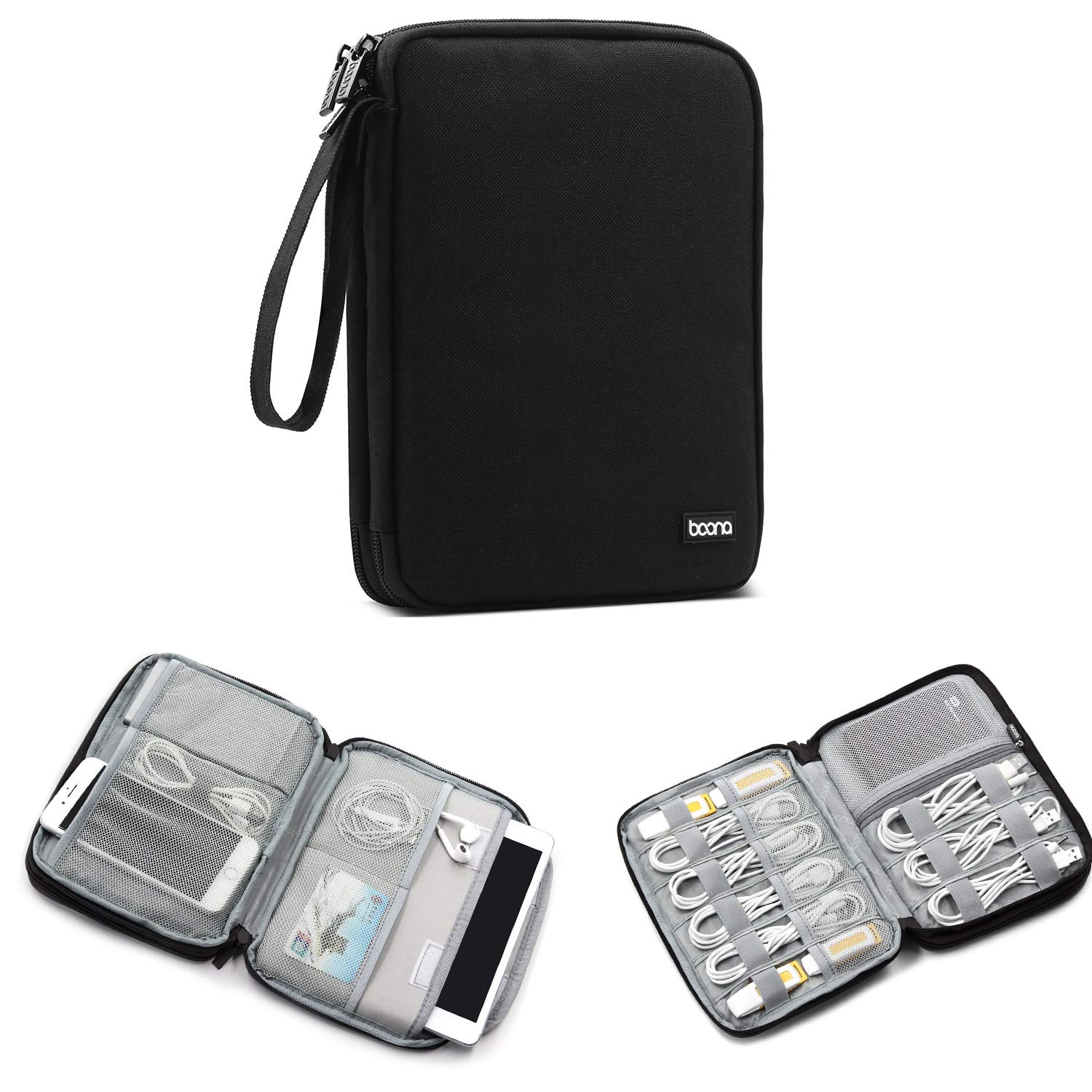 BOONA Electronic Accessories Travel Organizer,Portable Storage Bag with Strap for Various Cable,Charger,Earphone Wire,Hard Drive,Power Bank,iPhone and Ipad Mini (up to 7.9'')-Black,Medium Dual