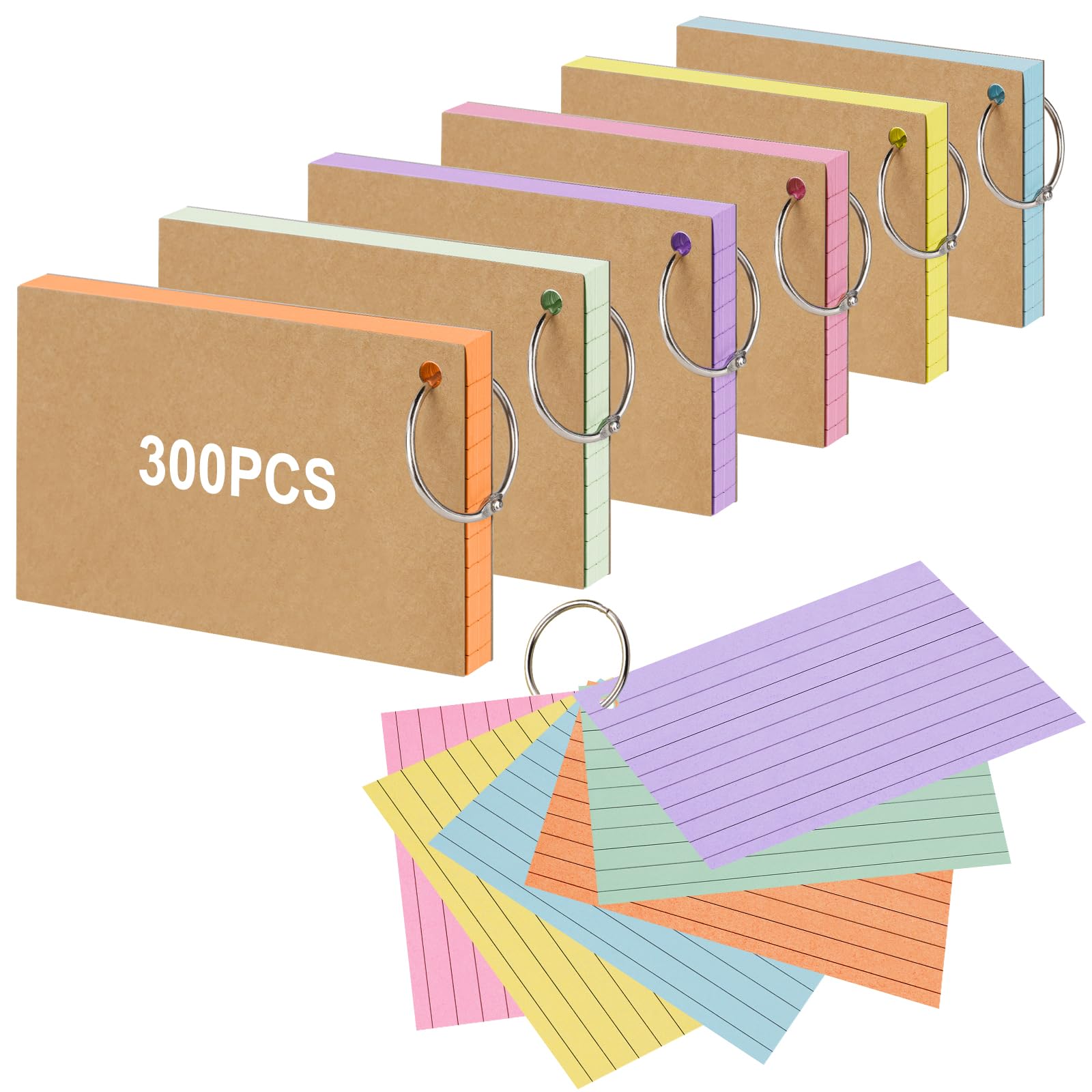 Vicloon Lined Index Card, Pack of 300 5 x 3 Inch Multicolored Vocabulary Cards for Study and Learning, School, Office, Home