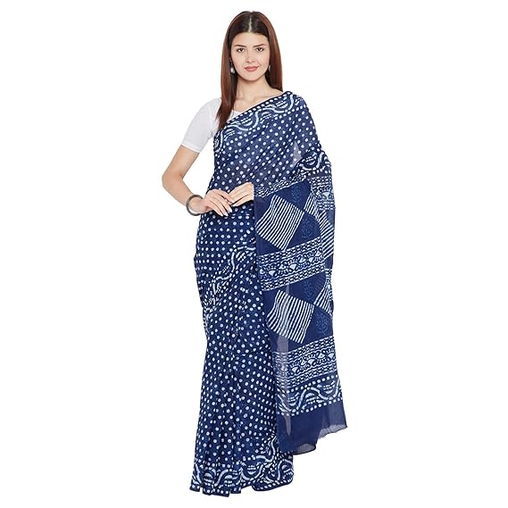 Finest Quality Cotton - Handmade Indigo Double Dabu print - Block Print Saree with Blouse Piece BAPASA0073