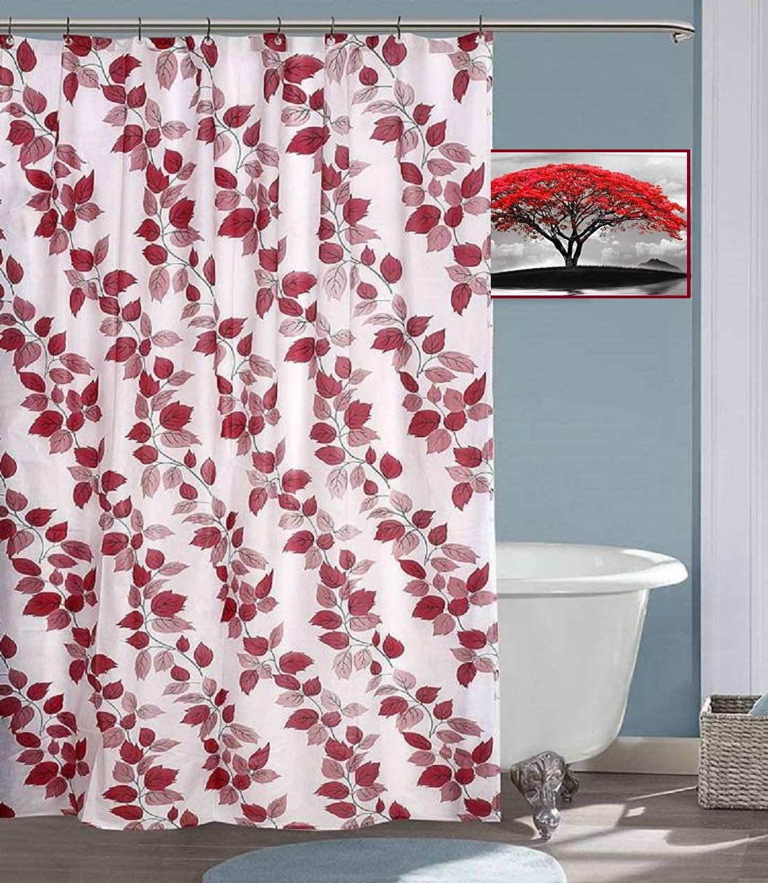 SHAVIN PVC Plastic Printed Shower 9ft Curtain (Red, 54 X 108 Inch