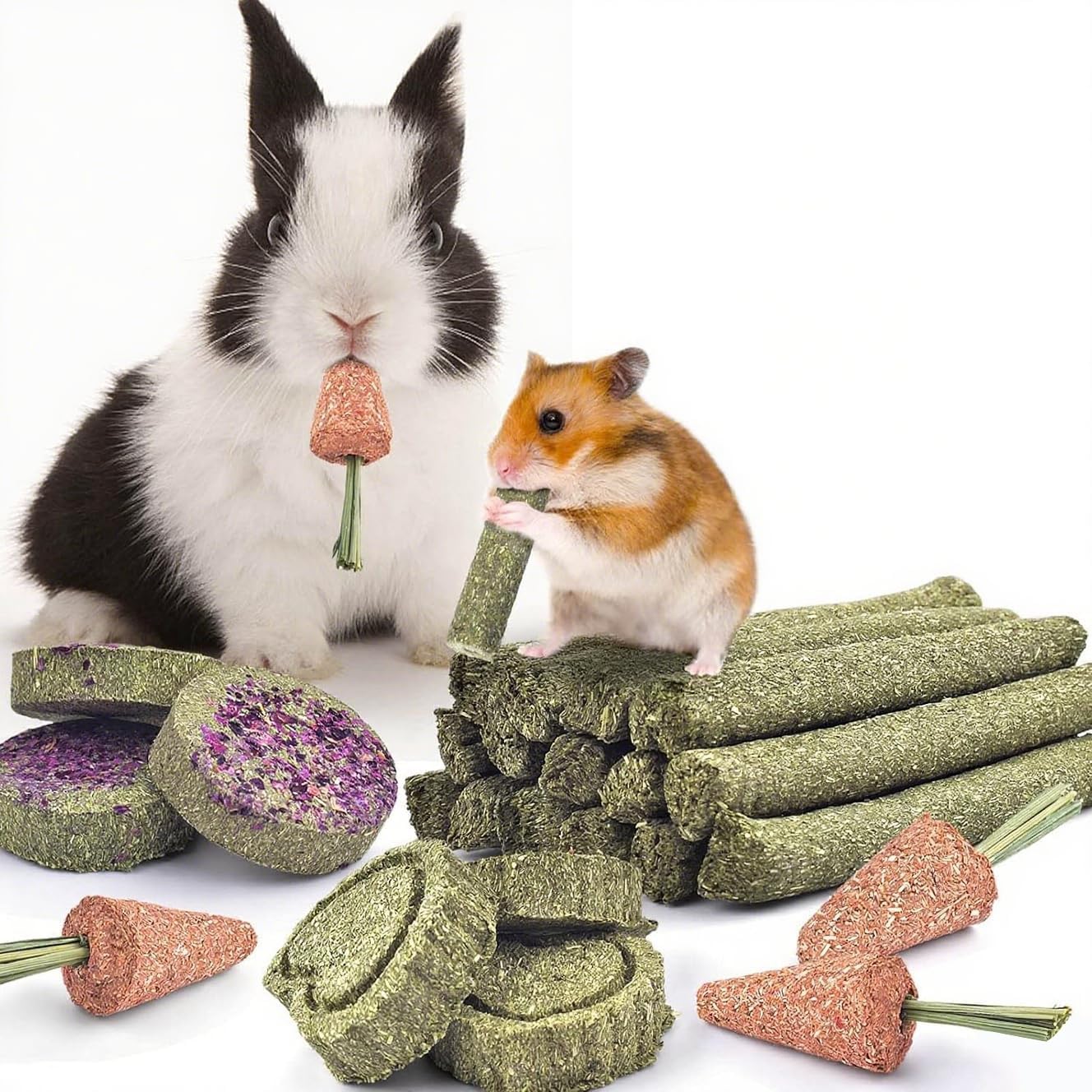 Rabbit Treats, ERKOON 24pcs Guinea Pig Toys Nature Timothy Sticks Hay Grass Cake, Small Animal Chew and Gnaw Toy for Bunny, Chinchillas, Hamsters,Gerbils