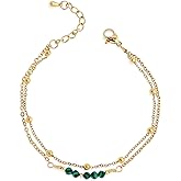 Tyebiva Dainty Gold Beads Chain Layered Bracelets for Women, Boho Handmade Adjustable Green Gemstone Quartz Crystal Natural Healing Stone Bracelet Prom Jewelry Gifts.