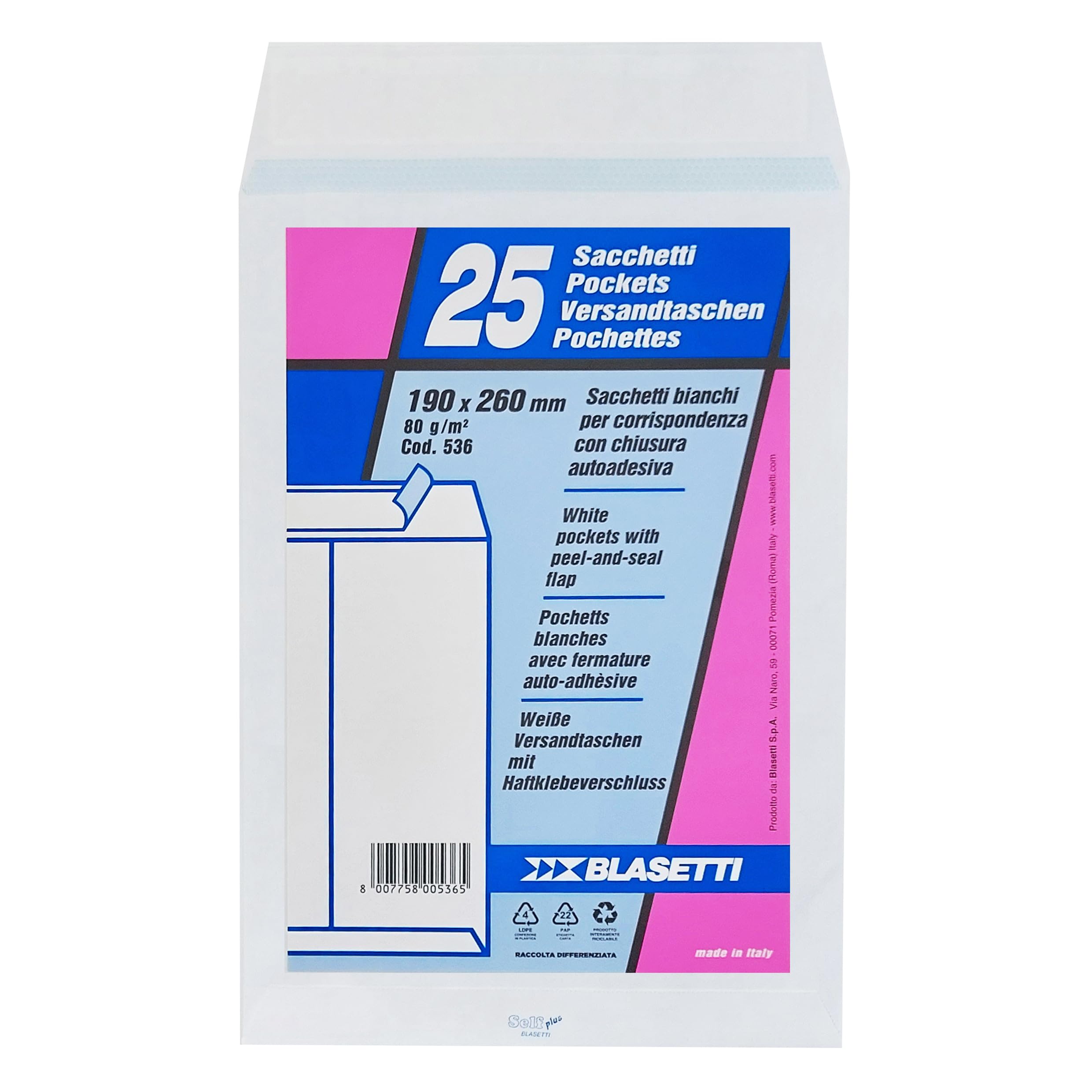 Blasetti - 25 Buste a SACCO Bianco 190X260MM 80GR con Strip SE