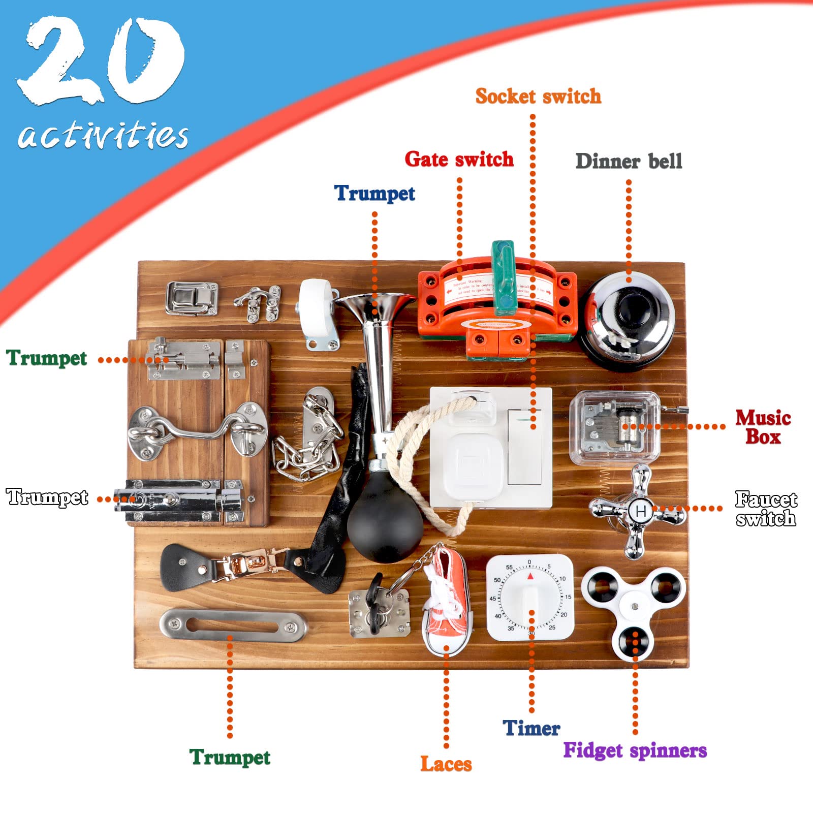 20-in-1 Busy Board for Toddlers - Travel Toy Activity Board for Fine Motor Skills - Toys for 3 Years Old Kids With Switch, Locks, Shoe Laces, Music Box