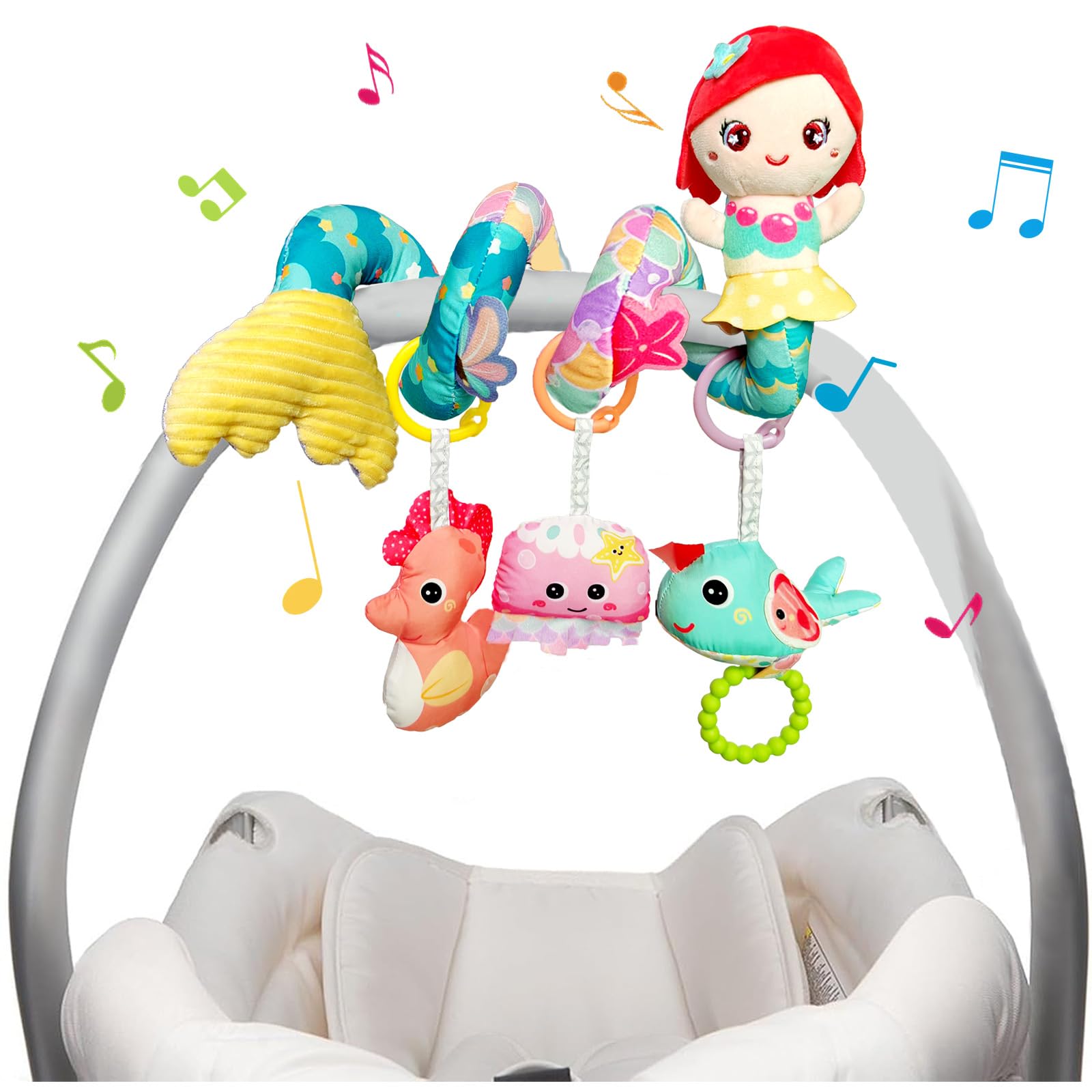 Gdbykds Spiral Pram Toys for Babies 0-6 Months - Activity Spiral Toy for Pram, Musical Infant Car Seat Stroller Spiral Hanging Toys - 4-in-1 Separable Activity Newborn Sensory Toy for Baby Girls