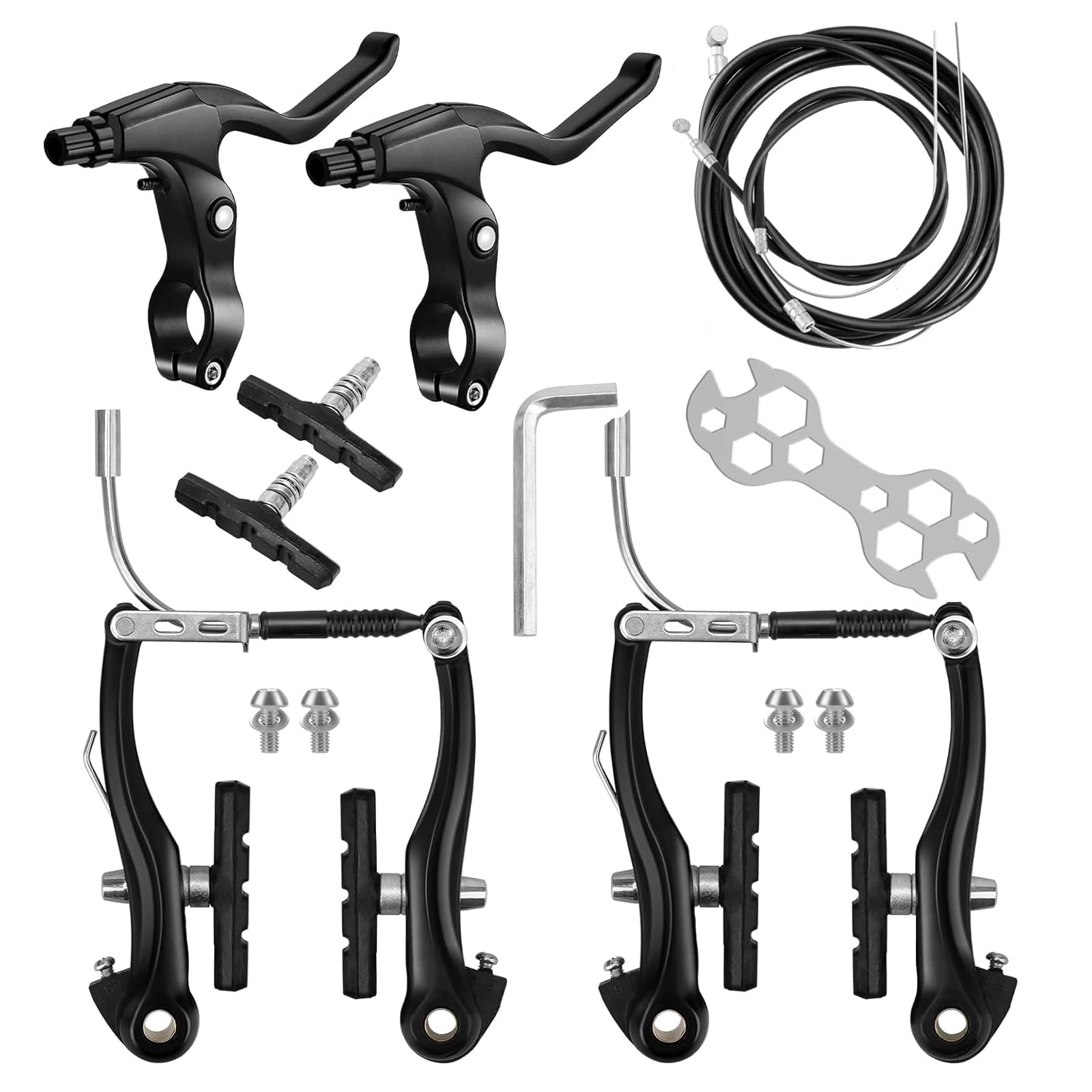 Luckwaii Bike Brakes Universal Complete Mountain Road Bike Brake Levers V Brake Set, Hydraulic Brakes Front Rear Cables Kit Set Includes Callipers, Levers, Cables & All Fixings Black