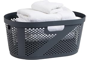 Mind Reader 40L Laundry Basket, Clothes Hamper, Wicker Design, Plastic, 23"L x 14.5"W x 10.5"H, Gray