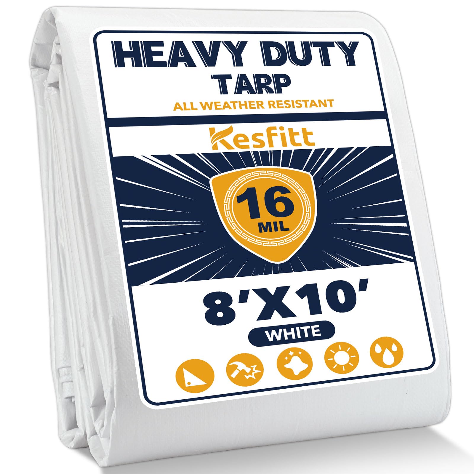 Photo 1 of Kesfitt Tarp Heavy Duty Waterproof 8x10FT,16 Mil Thick Tarps Tear&Fade Resistant,UV Resistant,Poly Tarp Cover with Grommets and Reinforced Edges for Outdoor Camping Pools Boat Car(White)