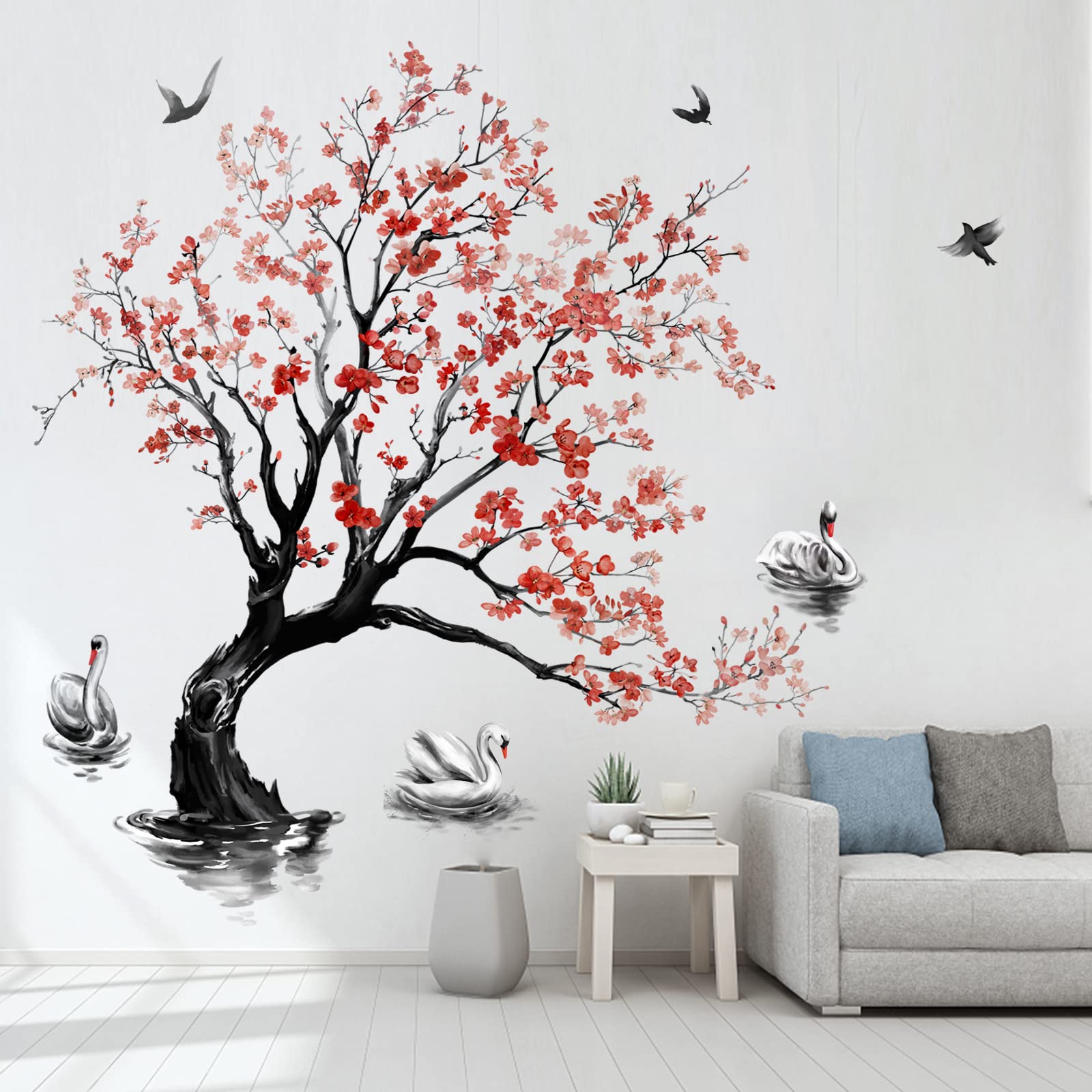 decalmile Large Blossom Tree Wall Decals Swan Flower Tree Wall Stickers Living Room Bedroom TV Background Wall Decor (Tree H: 140cm)