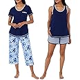 Carole Hochman Women's 4-Piece 100% Cotton Pajama Set – V-Neck T-Shirt, Tank, Capri Pants & Shorts with Drawstring & Pockets
