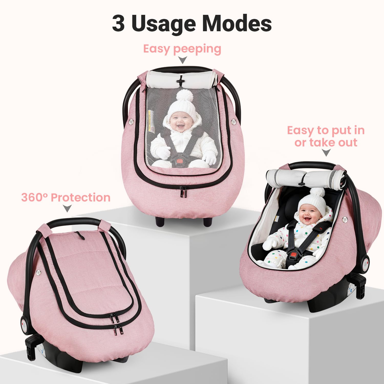 Rquite Car Seat Cover Baby, Winter Carseat Covers Boy Girl, Waterproof Infant Car Seat Cover Warm Car Seat Canopy for Cold Weather, Windproof Baby Carrier/Stroller Cover with 2 Layers Windows, Pink