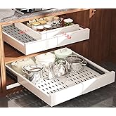 Seinloes 2 Pack Pull Out Cabinet Organizer Expandable Width(13"-21") and Depth(17"-24"), Slide Out Drawers With Raising Pad for Framed Cabinets, No Drill Roll Out Shelves for kitchen, Bathroom, White