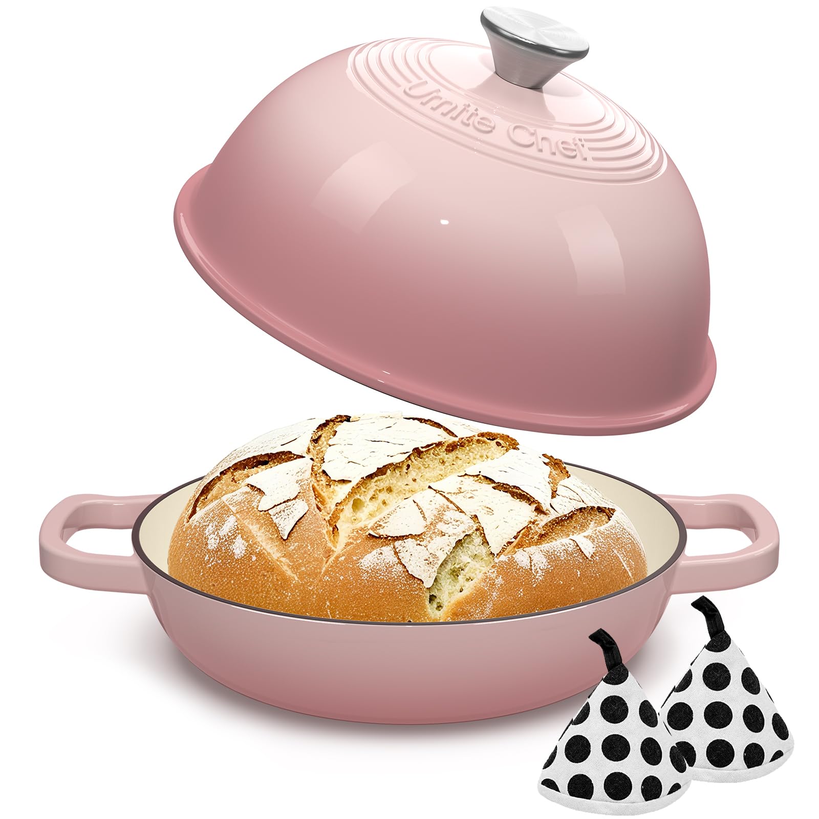 Photo 1 of Cast Iron Dutch Oven Pot with Lid, Round Bread Oven for Sourdough Bread Baking, Umite Chef Enameled Cast Iron Bread Oven with Dome Lid & Cotton Potholders for Sourdough, Pink, 6 Quarts