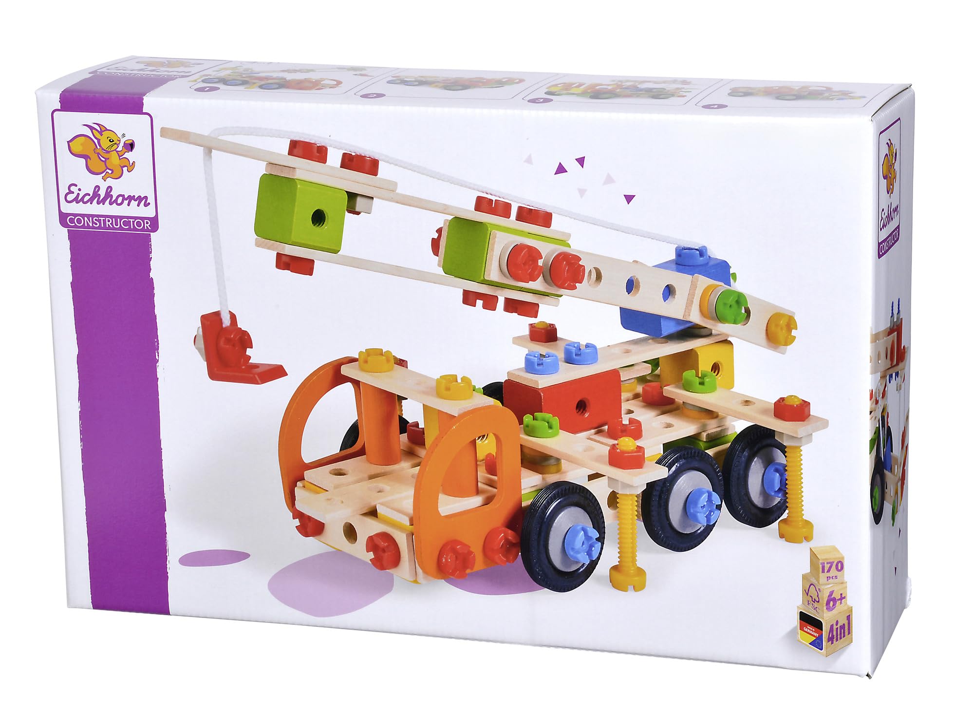 Eichhorn 100039094 Constructor Crane Truck Versatile Wooden Toy, 170 Components, 4 Different Constructions, FSC 100% Certified Beech Wood, for Children from 6 Years