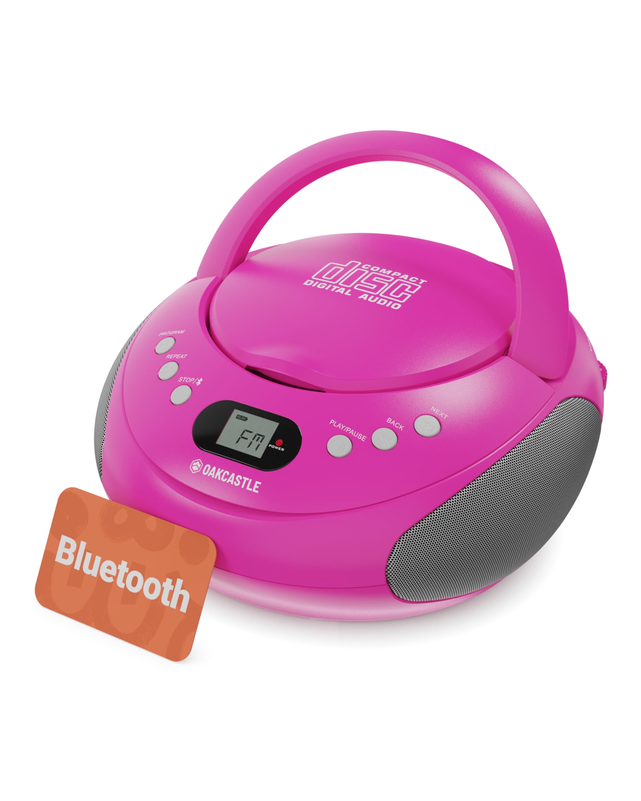 Portable Bluetooth CD Boombox with FM radio | CD, CD-R, CD-RW | 30 Presets | Easy Controls, LED Display, Headphone Jack | OAKCASTLE CD250 (Pink)
