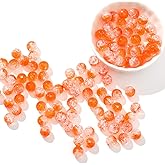 100pcs 8mm Orange Smooth Crackle Beads Round Lampwork Acrylic Spacer Beads with Free Crystal Stretch Cord for DIY Jewelry Making Handmade
