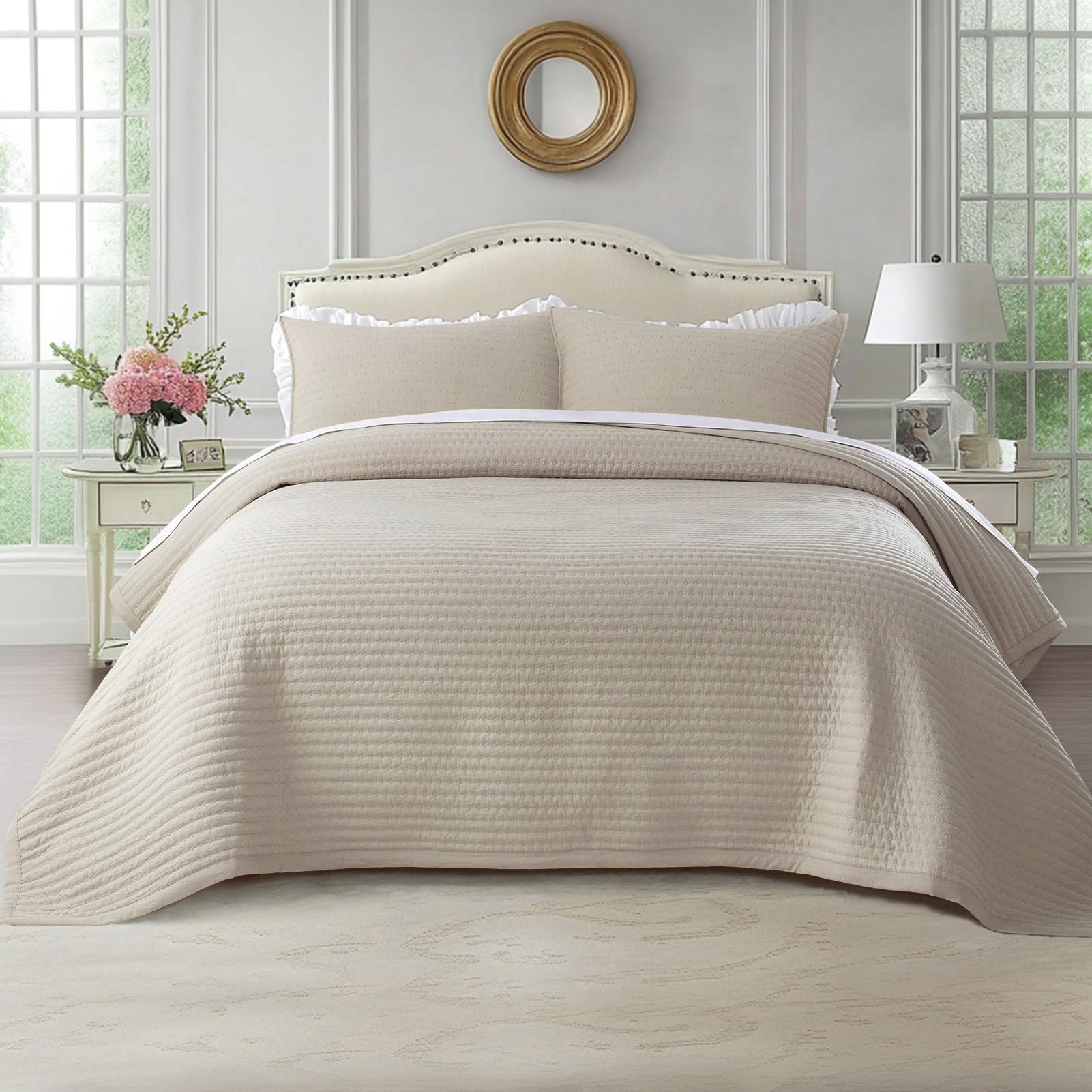 Photo 1 of Oversized King Quilt Set 112"x106" – Soft Washed 3-Layer Lightweight California King Bedspread, Minimalist Nordic Design, All-Season Spring & Summer Quilt Set (1 Quilt + 2 Pillow Shams), Camel