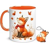 Hyturtle Fall Fox Coffee Mug And Keychain - Cute Fox Gift For Women - Autumn Animals For Lovers - Maple Leaf Animals Present For Her - Thanksgiving Decor - Coffee Cup Ceramic Mug 11 Oz