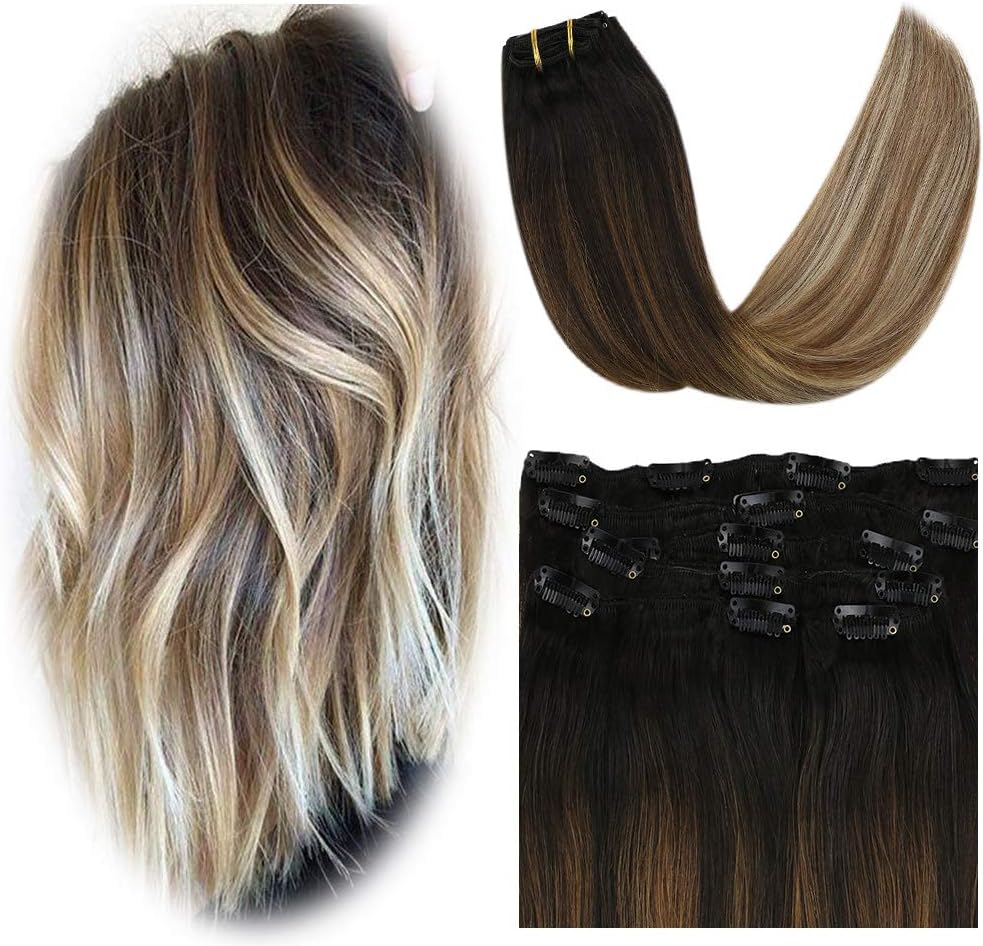 JoYoung Real Hair Clip Extensions for Women Remy Double Weft Human Hair Balayage Ombre Darkest Brown to Light Brown with Blonde Silk Straight Clip in Extensions Full Head 7pcs/120g 18inch