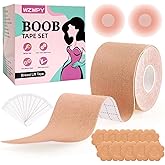 WZWPY Boob Tape Kit for Women - 8M (26.3ft) Waterproof & Sweatproof Breast Lift Tape + 2 Reusable Silicone Nipple Covers - Ultimate Support for Strapless Dresses Beige