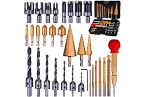 Rocaris 32 Pack Woodworking Chamfer Drilling Tools, Including Countersink Drill Bits, L-Wrench, Wood Plug Cutter, Step Bit, Center Punch, Cutting Twist Bits
