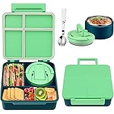 Bento Lunch Box for Kids with 8oz Soup Thermo,Kids Leakproof Lunch Food Containers with 4 Compartment,Kid Insulated Thermo Hot Food Jar for School,Trvael-Green