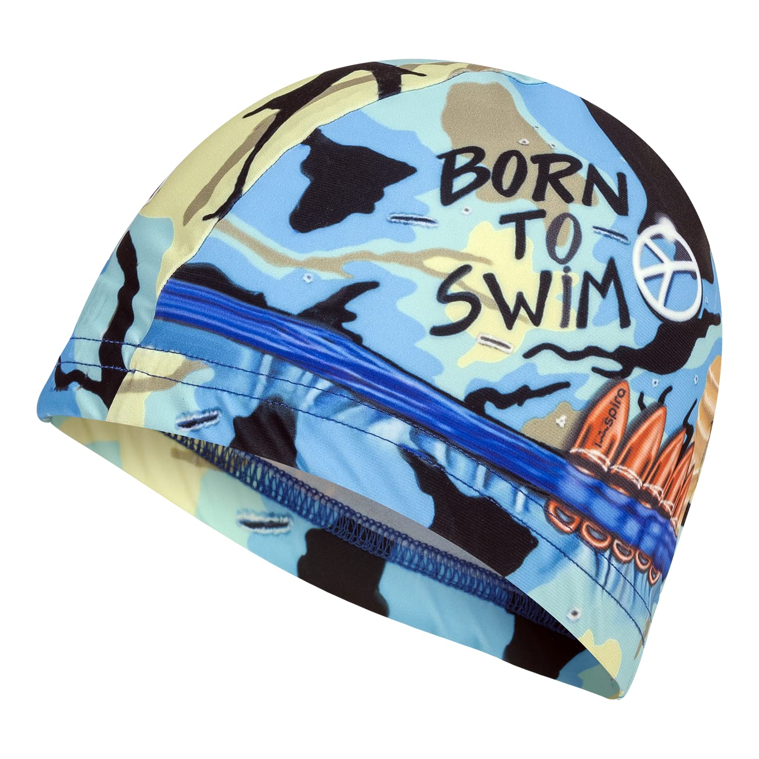 BORN TO SWIM BLEU Fabric Swimming Cap | Swim Cap | Pool Cap | Great comfort and fit | Art and Swimming