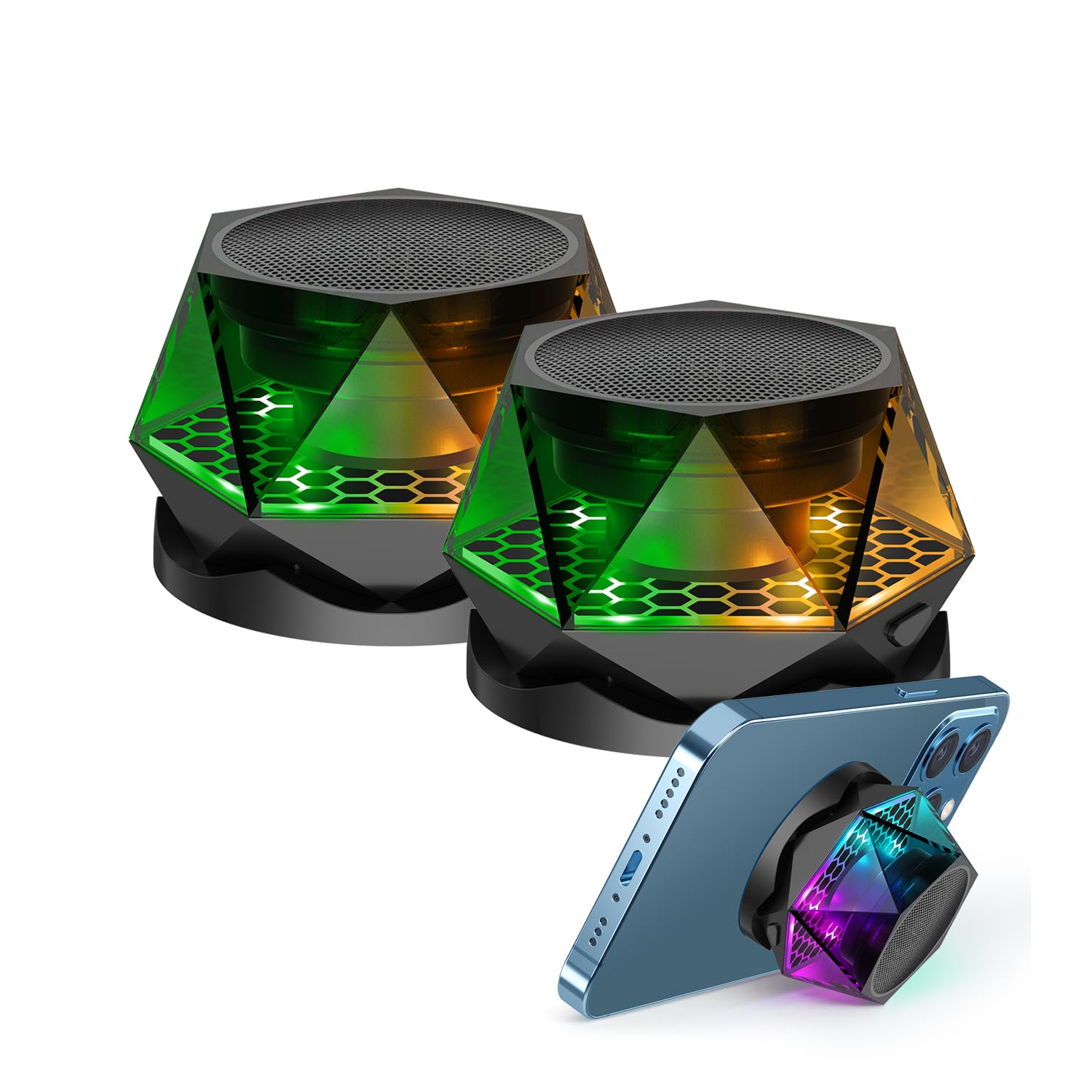 Photo 1 of EGKimBa Magnetic Diamond Bluetooth Speaker, Small Wireless Speaker with Multi RGB Color Light Show, Portable Phone Stand for iPhone, Android, TWS Pairing- 2 Pieces
