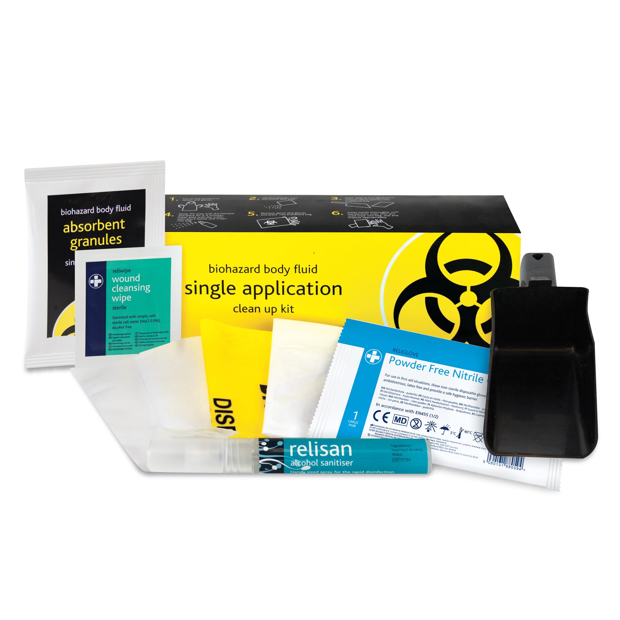 Reliance Medical Biohazard Body Spills Kit 1 Application - Prevention and Clean Up for Infectious Materials Contained in Blood, Vomit, Urine, Mucus, Faeces and Semen - Single-Use