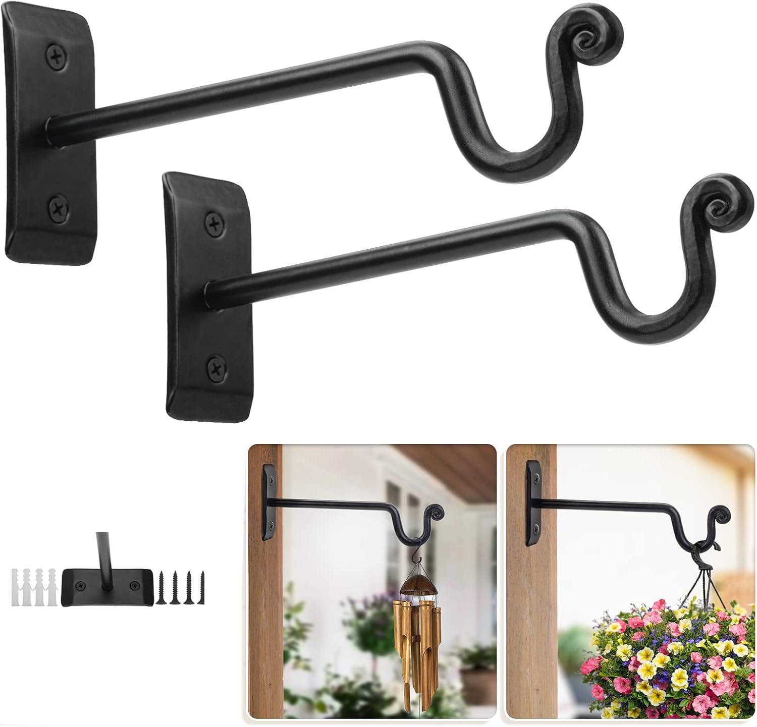 Outdoor Hanging Brackets - Idzo Black Plant Hooks for Wall 7.5 inch, Hanging Capacity 37.5 lbs, Heavy Duty Hanging Plant Bracket Outdoor, Indoor 2pcs