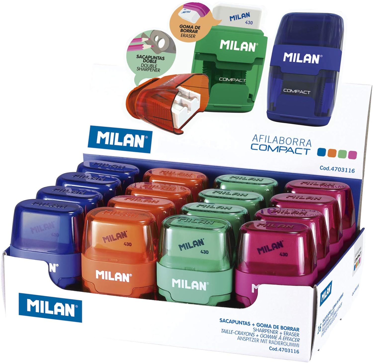 MILAN 151008 2 in 1 Sharpener and Eraser - Assorted Colours (Pack of 16), white, small - Image 3