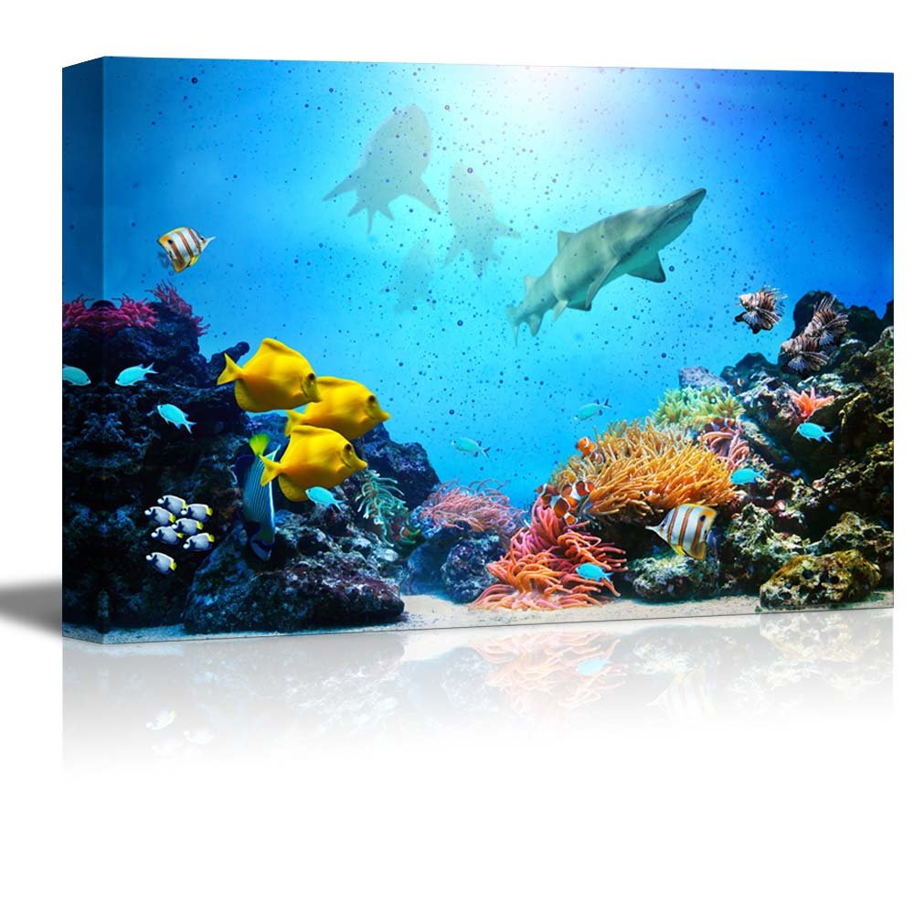 wall26 - Canvas Prints Wall Art - Underwater Scene. Coral Reef, Colorful Fish Groups, Sharks and Sun