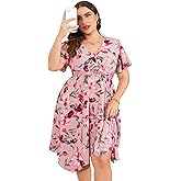 ShopWonder Women Plus Size Wrap V Neck Midi Dress Short Sleeves High Waist Irregular Hem Summer Casual Dress