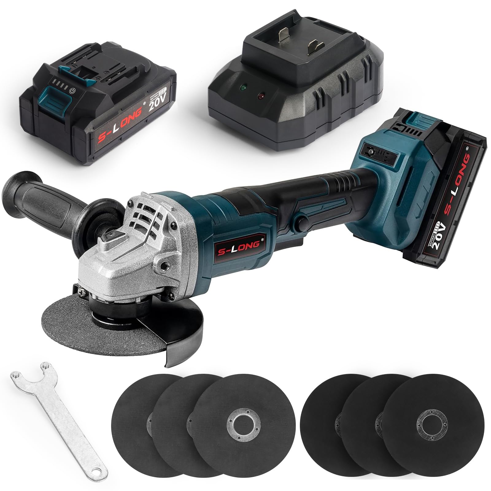 Photo 1 of S-LONG Cordless Angle Grinder with 4.0AH Battery, 20V Power Angle Grinder Tools with Fast Charger, 9000 RPM Brushless Motor Metal Grinder, 4-1/2'' Cutting Wheels, Flap Disc for Cutting