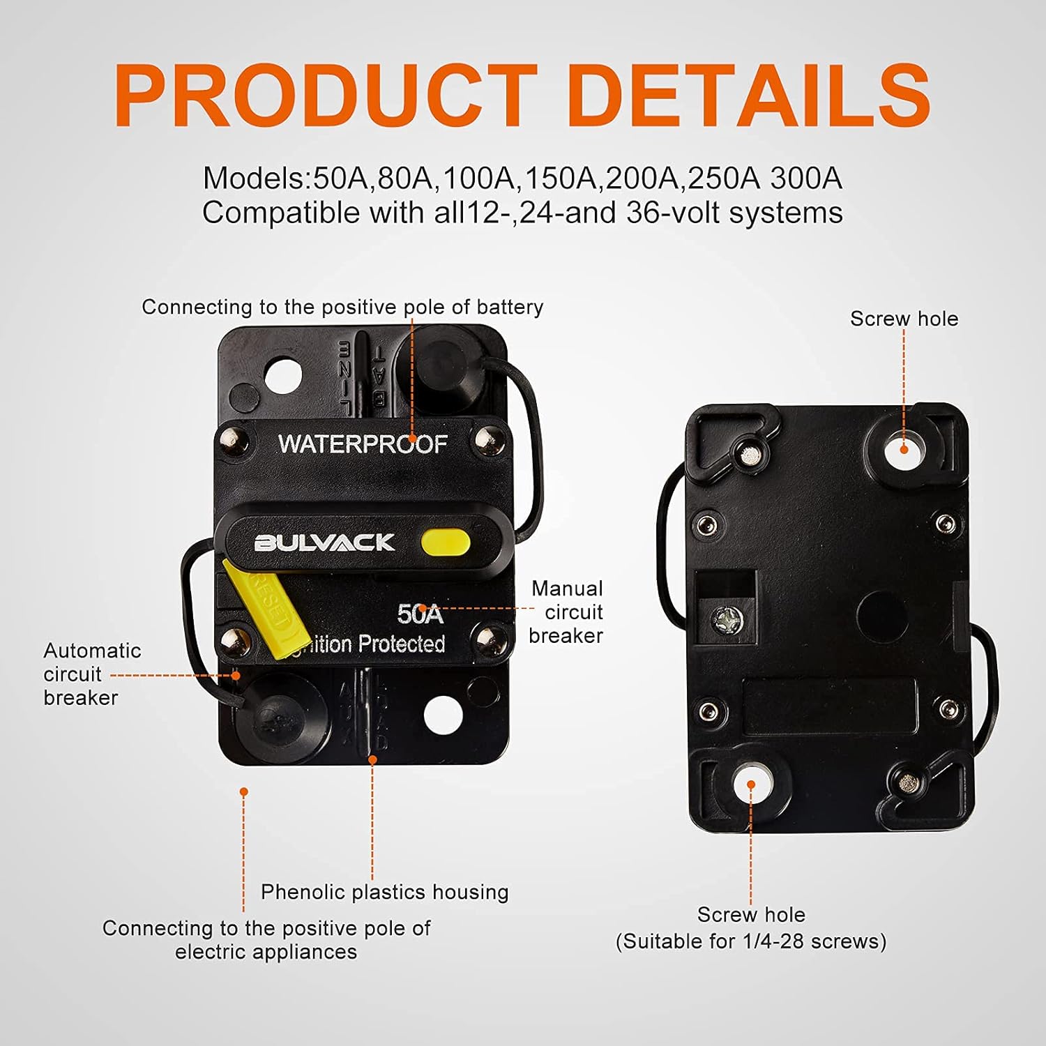 BULVACK 50 Amp Circuit Breaker with Manual Reset for Car Marine Trolling Motors Boat ATV Manual Power Protect for Audio System Fuse, 12V-48V DC (50A): Automotive