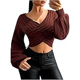 MakeMeChic Women's V Neck Lantern Sleeve Sweater Wrap Textured Knitted Pullover Crop Tops