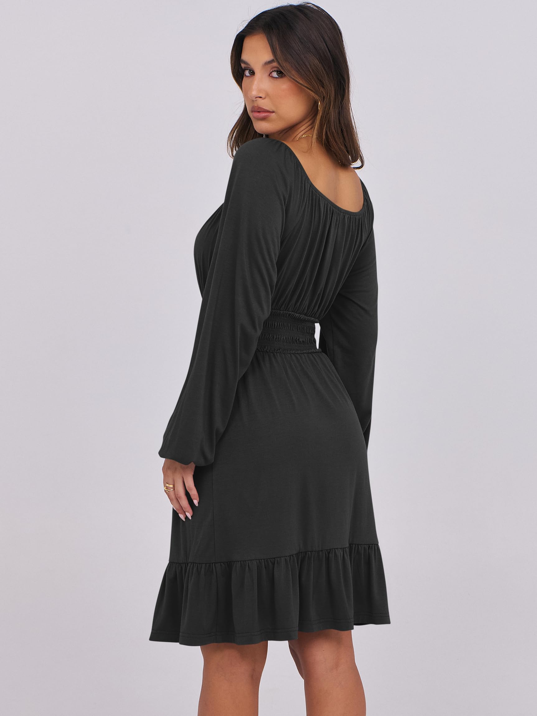 ANRABESS Womens Dress Long Lantern Sleeve Square Neck Elastic Waist Ruffle Flowy Swing A-Line Short Dresses 2025 Fall Fashion