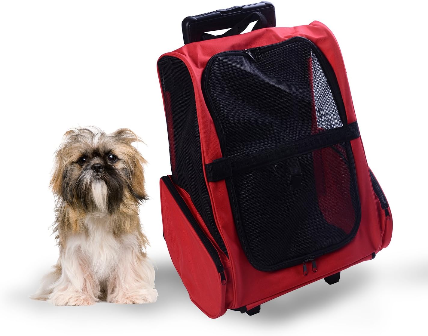 PawHut Pet Travel Backpack Bag Cat Puppy Dog Carrier w/ Trolley and Telescopic Handle Portable Stroller Wheel Luggage Bag (Red) - Image 4