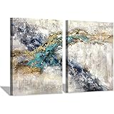Modern Canvas Wall Art Painting: Textured Hand Painted Splash Wave with Gold Foils Artwork Picture for Living Rooms (18'' x 2