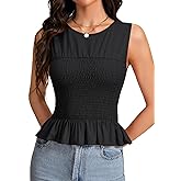LYANER Women's Shirred Ruffle Ruched Round Neck Sleeveless Slim Fit Casual Cami Tank Top