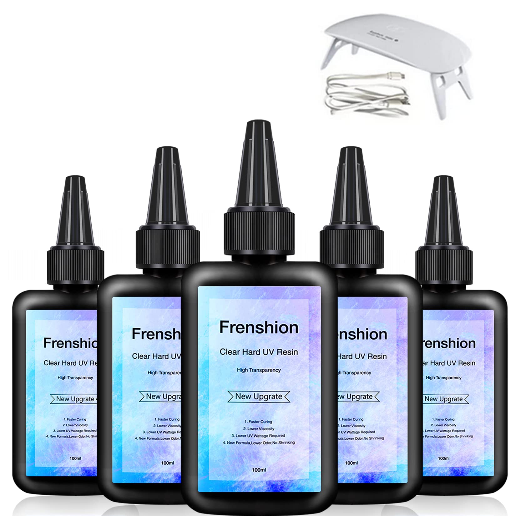 UV Resin- 5X100g Upgrate Hard Type Crystal Clear Epoxy Resin, UV Glue Ultraviolet Curing, Solar Cure Sunlight Activated Resin Clear Adhesive Glue For Jewelry Making Craft Decoration+Mini Lamp