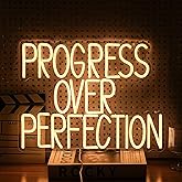Progress Over Perfection Neon Sign for Wall Decor Dimmable Warm White Words Led Light Up Sign USB Powered LED Letters Neon Light for Classroom Bedroom Library Study Room(16.5 * 12.6In)