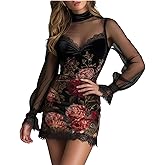 Floral Velvet Mini Dress for Women Western Vintage Sexy V Neck Long Sleeve Lace Trim Short Bodycon Dress